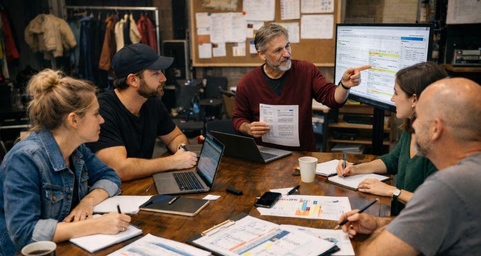 A small business team reviewing a work schedule together